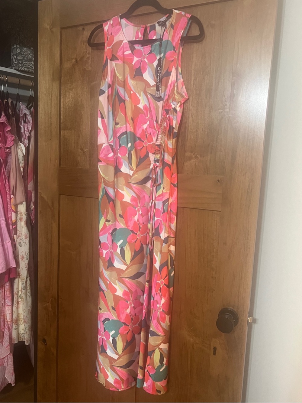 CHARLIE B Pink Floral Maxi Dress with Green & Brown Leaves